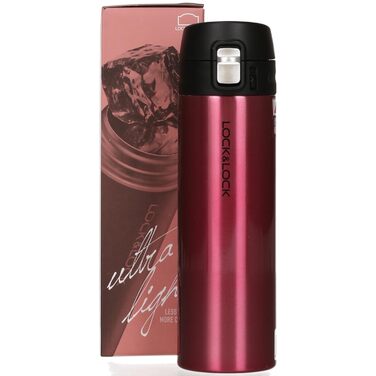 Пляшка для пиття з нержавіючої сталі LOCK & LOCK - НОВА ЛЕГКА ВАКУУМНА ПЛЯШКА FEATHER LIGHT - Термос для однієї руки - Вакуумна ізольована пляшка для кави, чаю тощо 500 мл рубіново-червоного кольору