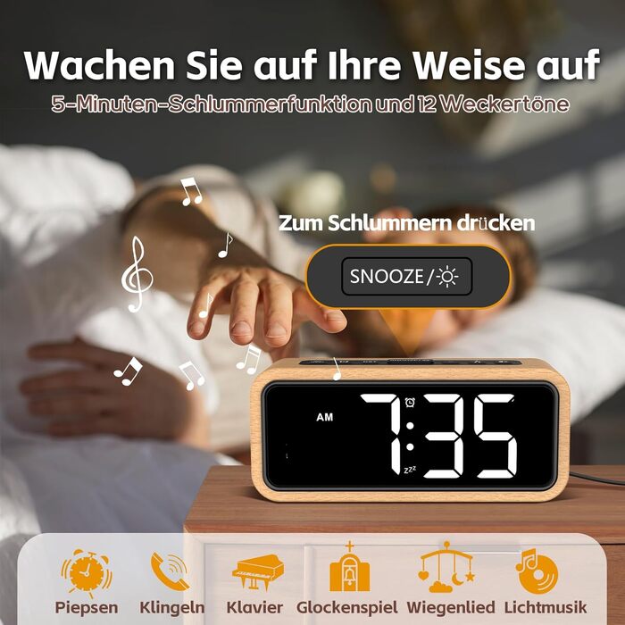 Гучний будильник для тих, хто міцно спить, дерев&39яний цифровий будильник зі світлодіодним дисплеєм, 12 мелодій будильника, 5 налаштувань яскравості, 5 рівнів гучності, ручний перехід на літній час, ретро-коричневий будильник для спальні (буково-білий)