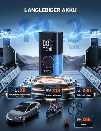 Бездротовий електричний повітряний насос AstroAI, портативний акумуляторний велосипедний насос з усіма клапанами, світлодіодне світло, акумуляторний насос для шин для велосипедів, електровелосипедів, автомобілів, мотоциклів, м&39ячів, чорний