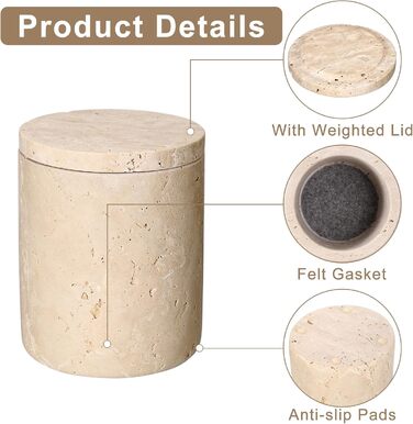 Травертиновий круглий сучасний ватний диск-диспенсер для ватних дисків з кришкою, тримач для макіяжу, для ванної кімнати, спальні, туалетного столика, раковини, готелю, офісу, жіночі подарунки (9,3x11,5 см)