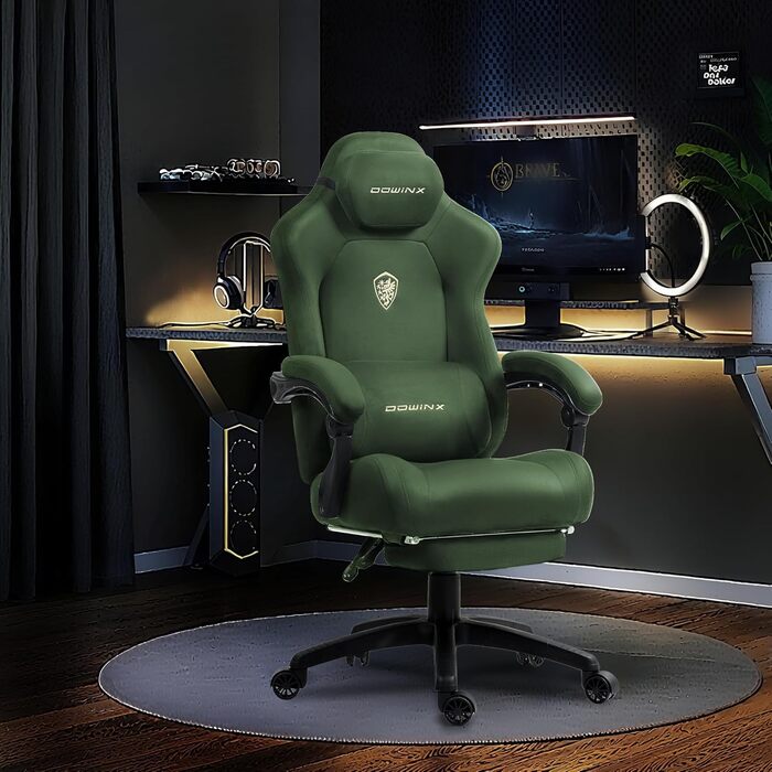 Ергономічне ігрове крісло Dowinx з масажною поперековою подушкою, регульованим по висоті підголівником, потовщеною подушкою сидіння, висувною підставкою для ніг, регульованими підлокітниками, велюр з мікрофібри, кут нахилу 155, зелене
