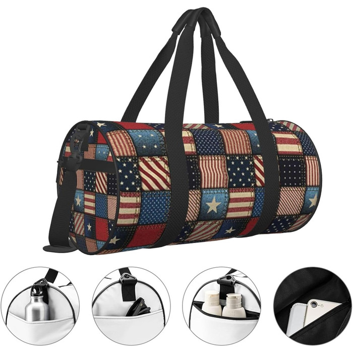 Спортивна сумка для подорожей, патчворк у стилі американського прапора, чорна, універсальний розмір