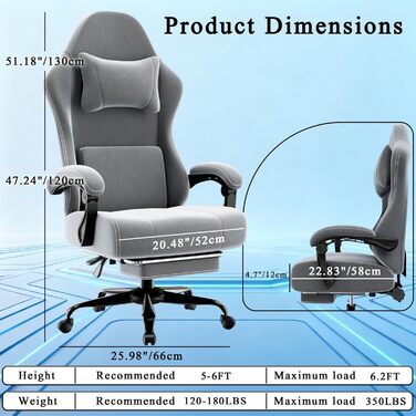 Ергономічне ігрове крісло з пружинним каркасом кишенькового типу та підставкою для ніг, ігрове крісло з регульованою поперековою опорою, дихаюче комп&39ютерне крісло до 150 кг, ігрове крісло з подушкою для шиї (світло-сіре)