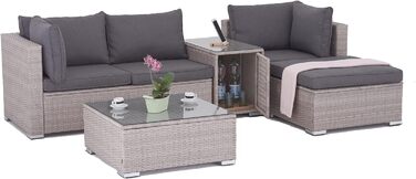 Насолоджуйтесь набором для відпочинку Fit Rattan Poly Rattan Lounge Меблі з 3-місного дивана, табуретки, столу з місцем для зберігання та столом для зберігання зі скляною стільницею