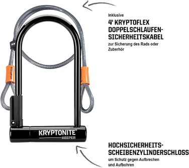 Стандартний U-подібний замок Kryptonite Keeper - клас безпеки 5/10, міцний протиугінний велосипедний замок з петлевим кабелем 120 см, кронштейном для перенесення та 2 ключами - 10,2 см x 20,3 см KEEPER 12 STD з гнучким шнуром 4&39