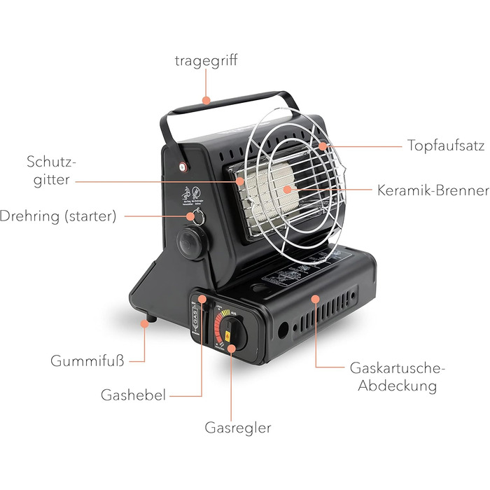 Портативний газовий обігрівач та газова плита 2-в-1 поворотний на 90 міні-обігрівач для кемпінгу керамічний пальник газовий обігрівач функція приготування їжі, обігрівач для намету (4 газові картриджі)