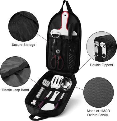 Набір кухонного начиння Odoland, набір посуду для вулиці з ножем сантоку, кухонними ножицями, шпателем, щипцями, ополоником та обробними дошками ідеально підходить для пікніків, подорожей, походів та садівництва (9 предметів)