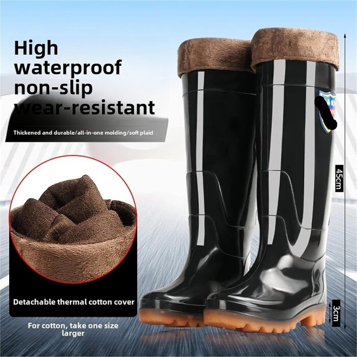 Чоловічі дощові чоботи, супер високі шкарпетки, дощове взуття, довгі водні рибальські чоботи, потовщені зносостійкі, нековзні, пластикові, водонепроникні, чорні, одинарні, 40 EU