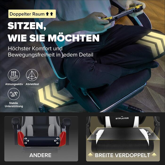 Ігрове крісло GTPLAYER, ергономічне тканинне ігрове крісло з поперековою опорою, комп&39ютерне крісло з розширеною спинкою, вантажопідйомність до 150 кг, чорна тканина