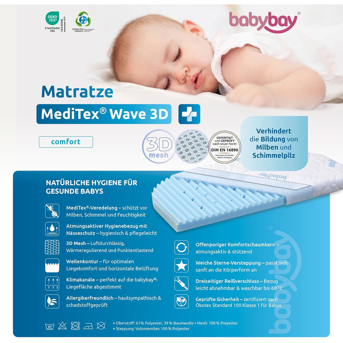 Матрац для ліжечка Babybay MediTex Wave 3D підходить для моделі Midi, підходить для моделей Midi та Mini