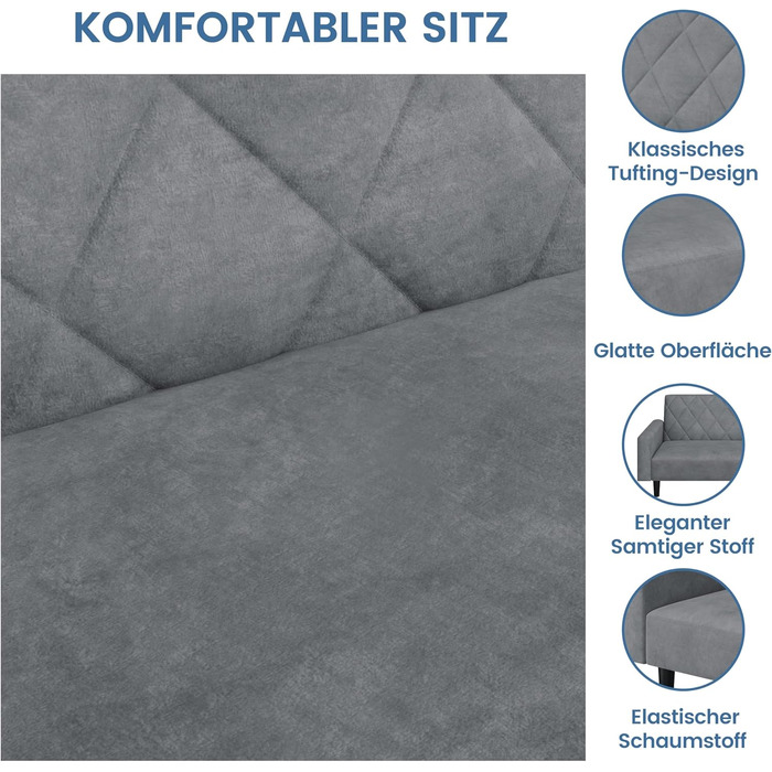 Місний диван Yaheetech з функцією сну, розкладний диван 159 см з оксамитової тканини, невеликий розкладний диван, спальна зона 140,5 94 см, для вітальні/спальні, темно-сірий, 2-