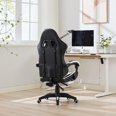 Ергономічне ігрове крісло з поворотом на 360 у гоночному дизайні, шкіряне офісне крісло з високою спинкою та регульованою висотою, з підставкою для ніг, підголівником та поперековою опорою для офісу та ігор (білий чорний)