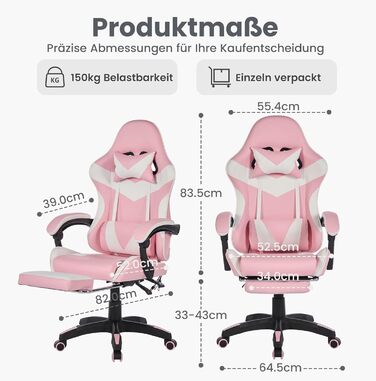 Ергономічне ігрове крісло з функцією масажу та підставкою для ніг регульоване по висоті, підтримка голови та попереку, поворот на 360, вантажопідйомність 150 кг, рожево-білого кольору. Рожево-білий 116,5 x 52,0 x 64,5 см