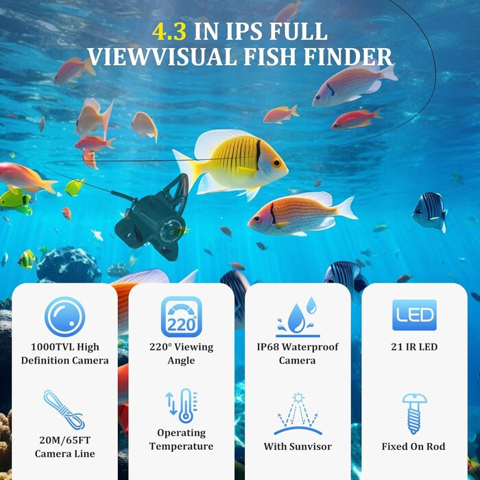 Підводна рибальська камера з ехолотом, 4,3-дюймовим IPS-дисплеєм та 20-метровим кабелем, водонепроникна, ширококутна нічна камера з кутом огляду 220 для морської, річкової та підлідної риболовлі