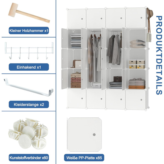 Система полиць для гардеробу своїми руками, взуттєва полиця з рейкою для одягу, модульна комбінована шафа, компактна вставна система полиць, портативна складана шафа для книг з дверима (20 кубів, бежевий колір) бежевий, 20 кубів