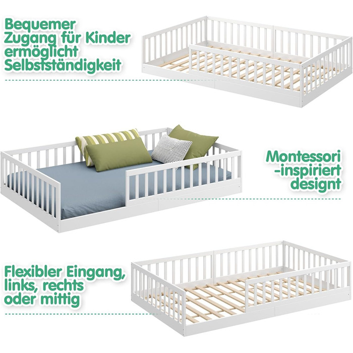 Підлогове ліжко CADANI Timi 2в1 120x200 см Дитяче ліжко Монтессорі зі знімним захистом від випадіння, включаючи ламельну раму, з м