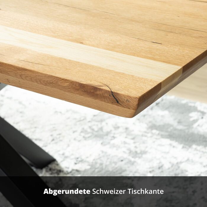 Обідній стіл KHG 160 x 90 см, кухонний стіл з масиву промасленого дуба - швейцарська кромка, чорна металева зіркоподібна основа, промисловий дизайн, стіл для 6-8 осіб, вантажопідйомність до 50 кг