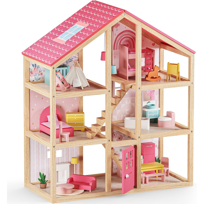 Дерев&39яний ляльковий будиночок Tiny Land для дівчаток дерев&39яний ляльковий будиночок з 6 кімнатами, будинок мрії своїми руками з 30 меблевими аксесуарами, подарунок для дівчаток віком від 3 років