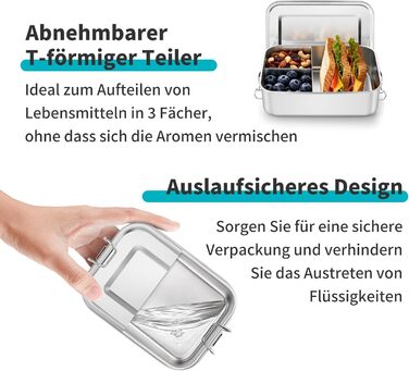 Набір металевих ланчбоксів Onader з роздільниками, 850 мл, 2 шт. Бенто-бокс для дітей та дорослих, герметичний, можна мити в посудомийній машині, 16,5 см
