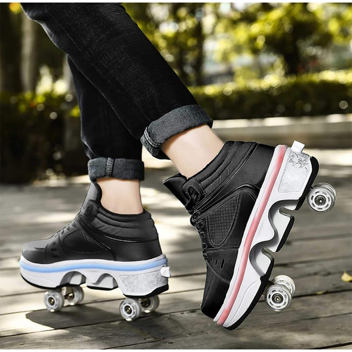 Роликові ковзани для хлопчиків та дівчаток, скейтборд взуття зі світлодіодними миготливими вогнями, 4-колесне автоматичне висувне, зручне спортивне взуття для дітей та дорослих, чорне, розмір 35 EU