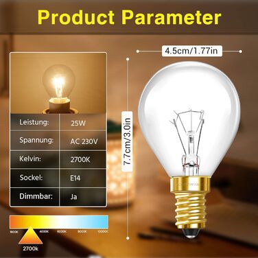 Лампа для духовки G45, диммована 2700K тепла біла лампочка для духовки, 250lm, 78MM * 45MM, AC 230V, лампочка для духовки E14, термостійка до 300C, для духовки, мікрохвильової печі, лавової лампи, 2 шт., E14