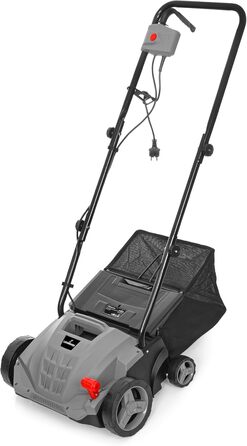 Вертикутер та аератор для газону LEHMANN 2-в-1, 1500 Вт, ширина захвату 32 см, 4 рівні глибини обробки, з травозбірником 30 л, кулькопідшипникові ножі та аераційна валки, сірий колір