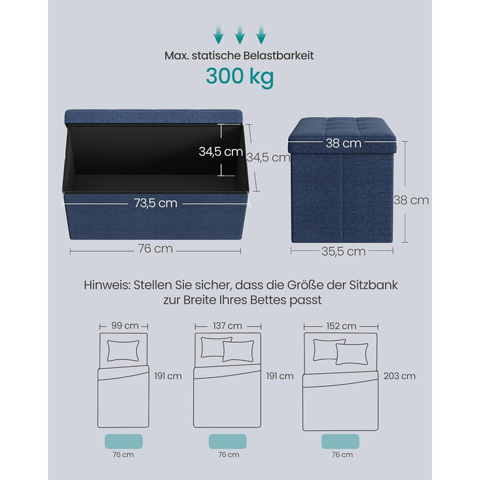 Пуф для зберігання SONGMICS, Складана лавка, Пуф для ніг 38 x 76 x 38 см, Коробка для зберігання, Вантажопідйомність до 300 кг, для вітальні, спальні, коридору, Темно-синій SPF 47IN 76B см Темно-синій