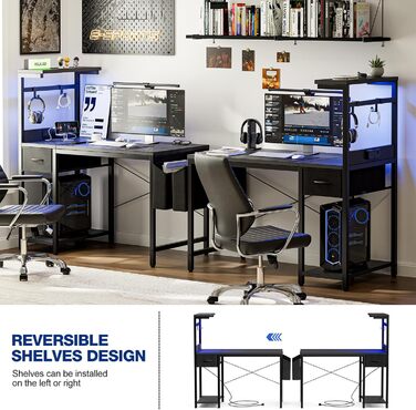 Ігровий стіл Grandder, 120x50 см, ігровий стіл з розеткою та світлодіодним освітленням, комп&39ютерний стіл з двосторонніми полицями та шухлядою, ПК-стіл для домашнього офісу з відділенням для зберігання, чорний колір під карбон 120 x 50 см, чорний