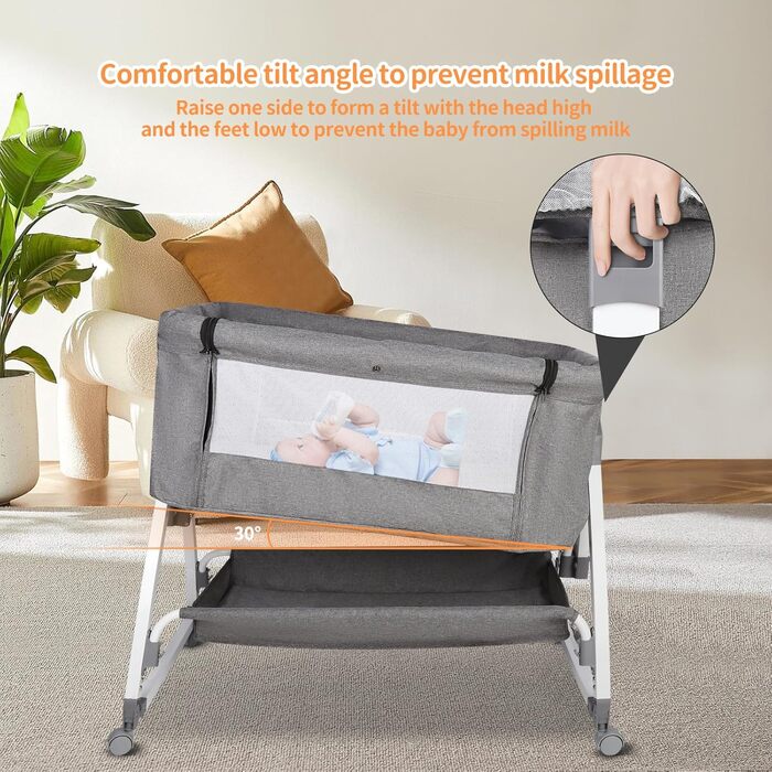 Дитяче ліжечко OHMG Side-by-Side, дитяче ліжко, дитяча колиска, дитяче ліжко 3 в 1 для новонароджених, ліжко-гойдалка для дому та подорожей з колесами, регульована висота 6 шт. (сірий (80x40x100-115 см))