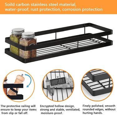 Настінна полиця для спецій, не потребує свердління, комплект з 2 шт. з кухонною штангою, підвісна кухонна полиця, полиця для спецій на дверцята шаф, полиця для душу з нержавіючої сталі для кухні, ванної кімнати, балкону, 35 x 12 x 5,7 см, чорна