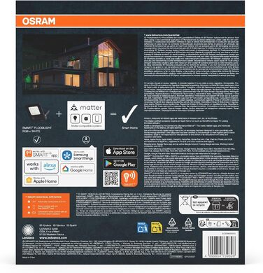 Розумний LED-прожектор Osram SMART Matter, 10W, 800lm, RGBW (16 млн кольорів), 3000K, WiFi, Alexa/Google, IP65