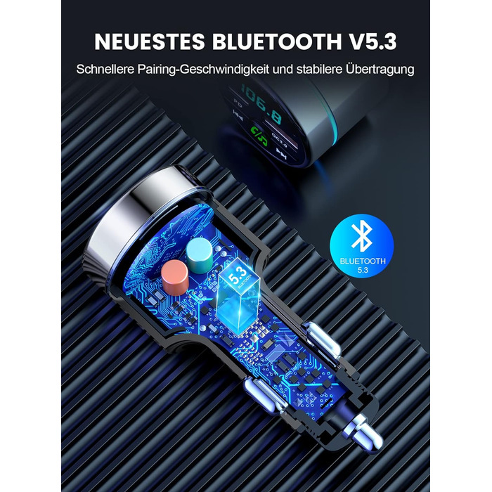 Автомобільний FM-передавач Mohard Bluetooth 5.3, суцільнометалевий PD 30 Вт і QC3.0 18 Вт швидкий автомобільний зарядний пристрій Прикурювач, автомобільний адаптер Bluetooth Автомобільний гучний зв'язок, мікрофон з шумозаглушенням, кільцеве світло срібляс