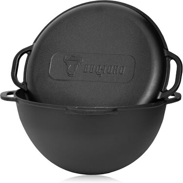 Казан чавунний BBQ-Toro з кришкою 19 л Традиційний чавунний казан Казан з круглою основою Гриль вок попередньо приправлений готови