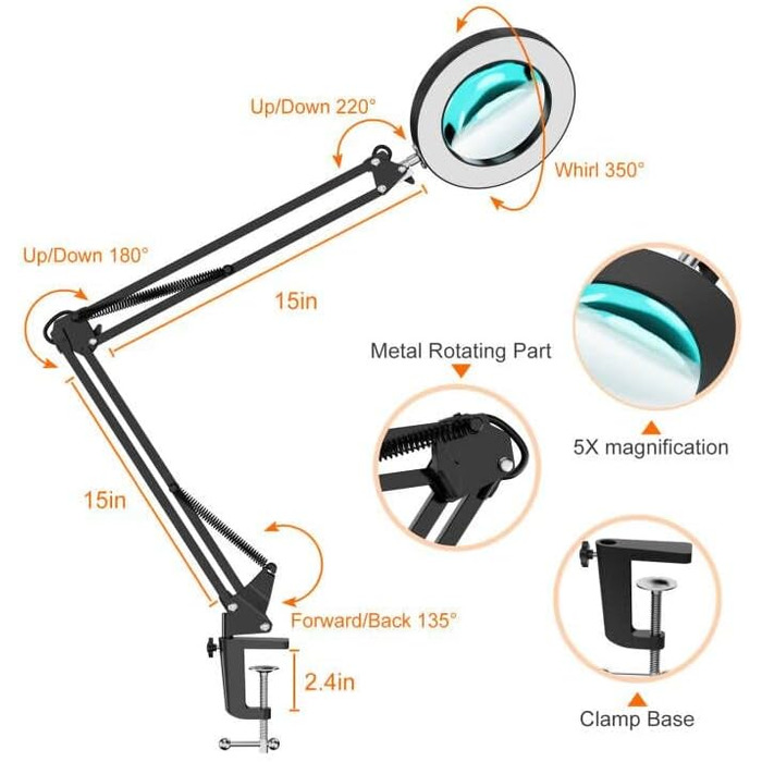 Світлодіодна збільшувальна лампа YOUKOYI, збільшувальна лампа із затискачем, поворотна настільна лампа, робоча лампа, 5-кратне збі
