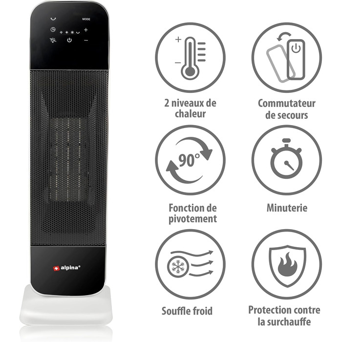 Електричний обігрівач та вентилятор Alpina - коливальний баштовий вентилятор з пультом дистанційного керування та таймером - регульована температура від 15 до 35C - обігрів та охолодження - 20 x 18 x 61 см електричний обігрівач та вентилятор 2000 Вт