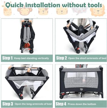 Дитяче ліжечко GOPLUS Baby Travel Cot, дитяче ліжечко з матрацом та тримачем для підгузків на колесах, дитяче ліжечко з боковим входом, сумка для перенесення, підставка для іграшок та музичний мобіль, 0-3 роки до 15 кг (чорне)