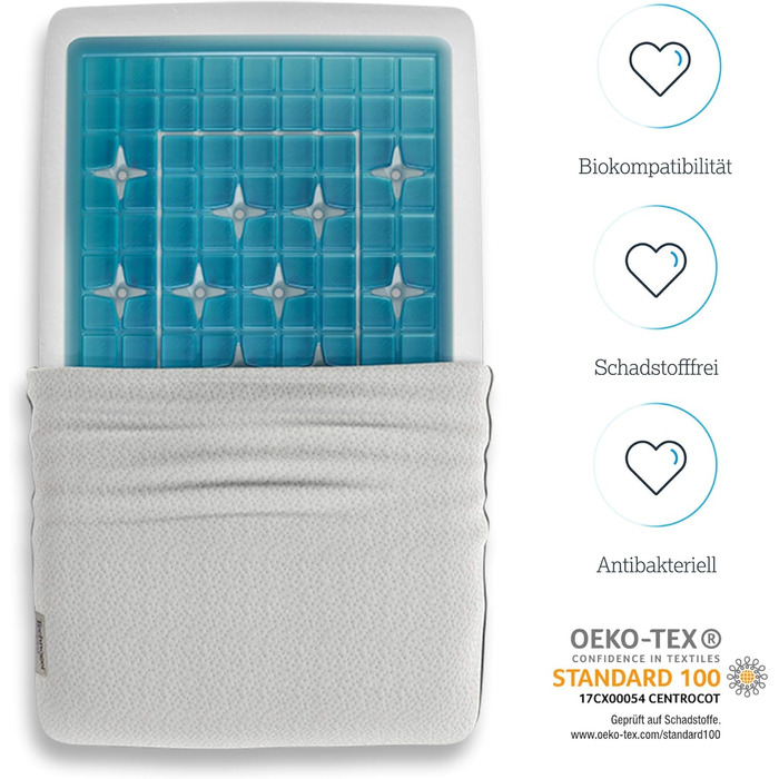 Ортопедична подушка для шиї Technogel Deluxe запатентована, не містить шкідливих речовин та сертифікована гелева подушка для шийного відділу хребта для сну на спині та боці, включаючи наволочку 66x40x07 см (1 упаковка)