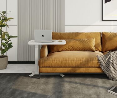 Білий з підсклянником - Мобільний, безступінчасто пневматично регульований по висоті бічний столик 65-103 см на колесах для дивана, ліжка, дитячої кімнати та домашнього офісу, 121WW 70 x 40