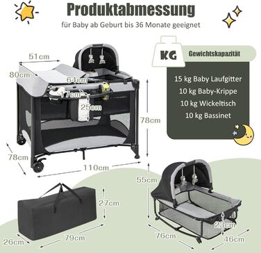 Дорожнє ліжечко для немовлят з матрацом, ліжечко Side-by-Side з колискою та пеленальний килимок, комплект дитячого ліжка для новонароджених та немовлят до 36 місяців, 110 x 78 см