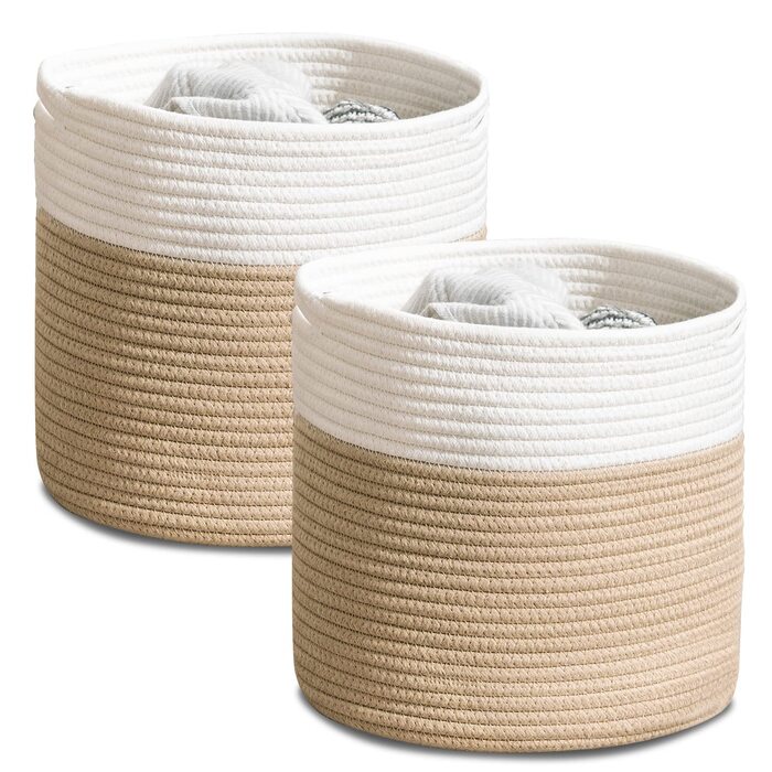 Плетений бавовняний кошик, 2 шт., зберігання іграшок для дитячої кімнати, кошик для зберігання, кошик для рослин для вітальні, спальні, 28(Г) x 28(В) см, натуральний, 2 шт. білий/натуральний