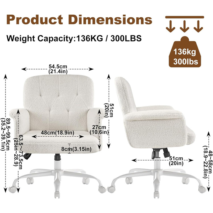 Офісне крісло ZZH для домашнього офісу, зручне, м&39яке, пухнасте крісло для туалетного столика з колесами та підлокітниками, миле поворотне комп&39ютерне сидіння з плюшевого оксамиту для спальні, макіяж, білий колір
