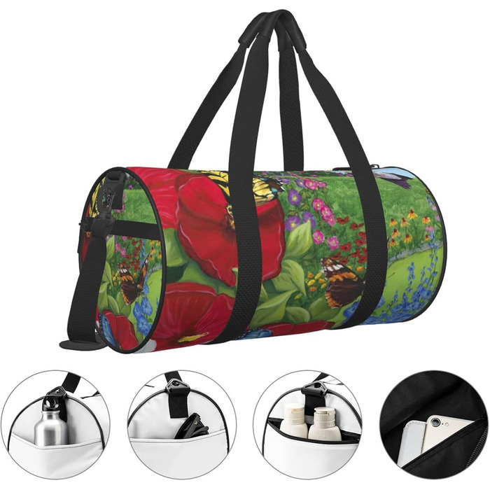 Дорожня сумка-циліндр з принтом Птахи, метелики, квіти, спортивна сумка для чоловіків та жінок, сумка для подорожей, спортивна сумка