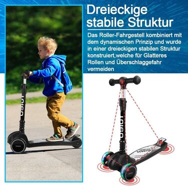 Дитячий самокат YOLEO дитячий самокат триколісний самокат зі світлодіодними колесами, 2-колісні задні гальма, 4 регульовані по вис