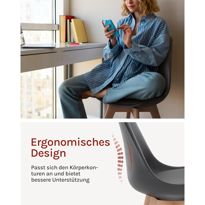 Обідні стільці WOLTU, Комплект з 4 шт. , Скандинавські кухонні стільці, Ретро-дизайн, Сидіння зі штучної шкіри, Ніжки з масиву дерева, Вантажопідйомність до 150 кг, Сірий, Комплект з 4 шт.