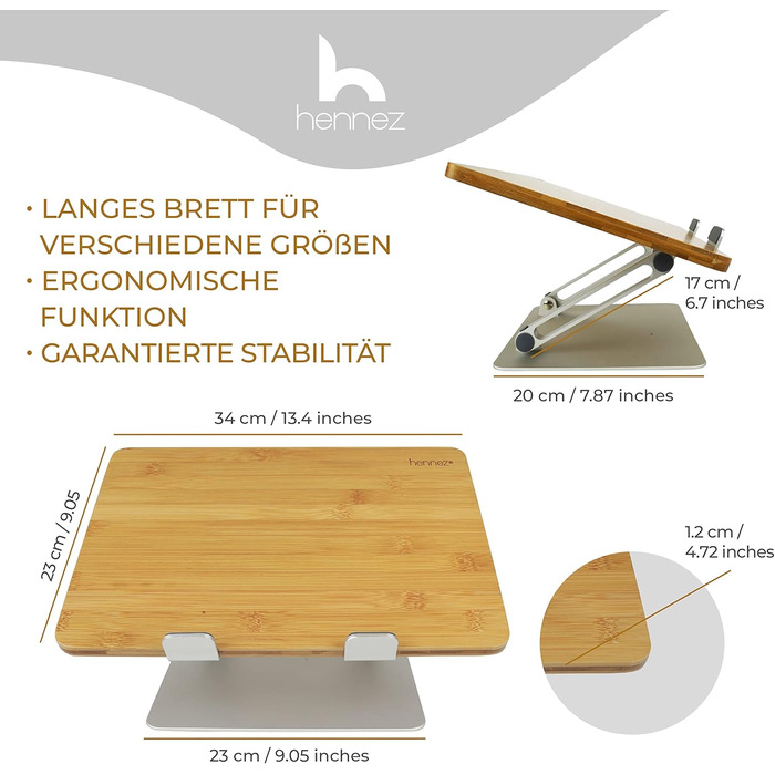 Підставка для ноутбука з дерева HENNEZ, регульована по висоті - для ноутбуків та MacBook - тримач для ноутбука, підставка для столу - ергономічна підставка для ноутбука