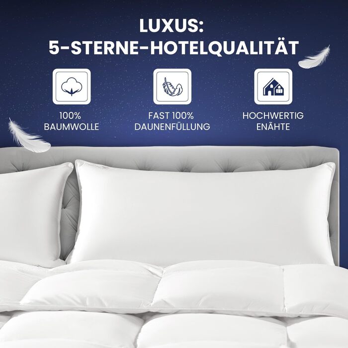 Пухова подушка DEITAS - 3-камерний дизайн для оптимальної підтримки шиї, м&39який та дихаючий чохол зі 100 бавовни, подушка для ліжка ідеально підходить для алергіків та дітей (Біла, 80x80 см ()) Біла 80x80 см ()