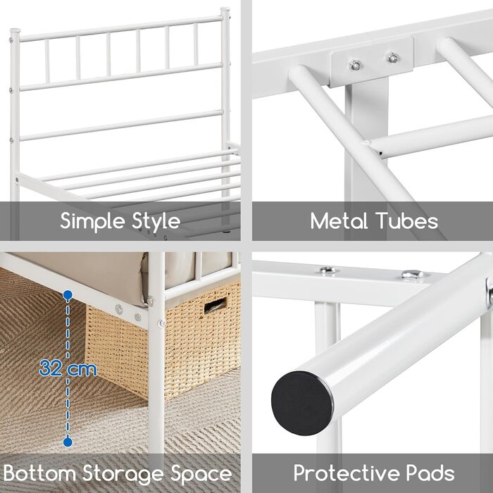 Металеве ліжко Yaheetech 90 x 200 см Каркас ліжка з узголів&39ям Металевий каркас ліжка Гостьове ліжко з рейковою основою для спальні Гостьова кімната Білий Білий 90 x 200 см