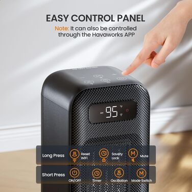 Енергозберігаючий вентилятор-обігрівач, портативний керамічний PTC вентилятор-обігрівач потужністю 1500 Вт, тихий, коливальна панель 70, 12-годинний таймер, захист від перегріву та перекидання, сумісний з Alexa та Google Assistant, чорний, 4 режими, 40 см