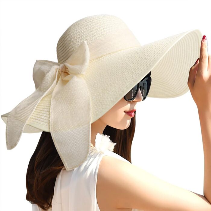 Жіночий широкополий солом&39яний капелюх, складний захисний пляжний капелюх, елегантний літній капелюх, сонцезахисні капелюхи UPF 50, один розмір, білий, Великобританія