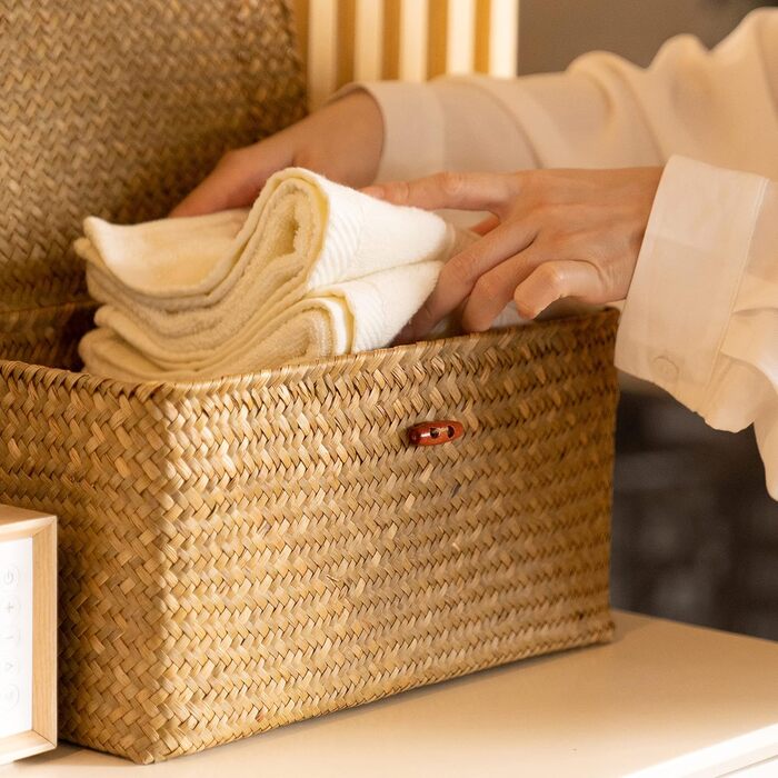 Кошик для зберігання з ротанга та морської трави, натуральний плетений кошик з кришкою, прямокутна плетена коробка для зберігання, комплект з 4 шт.